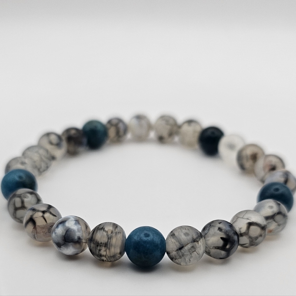 Beautiful blue apatite and grey fire agate bracelet